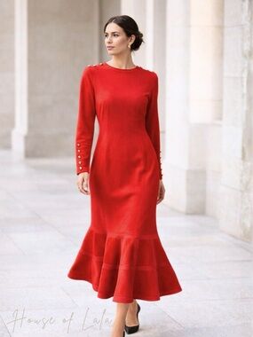 Louis Feraud 100%  New Wool Red Dress Gold Button Trim Flare Hem Vintage Size 10